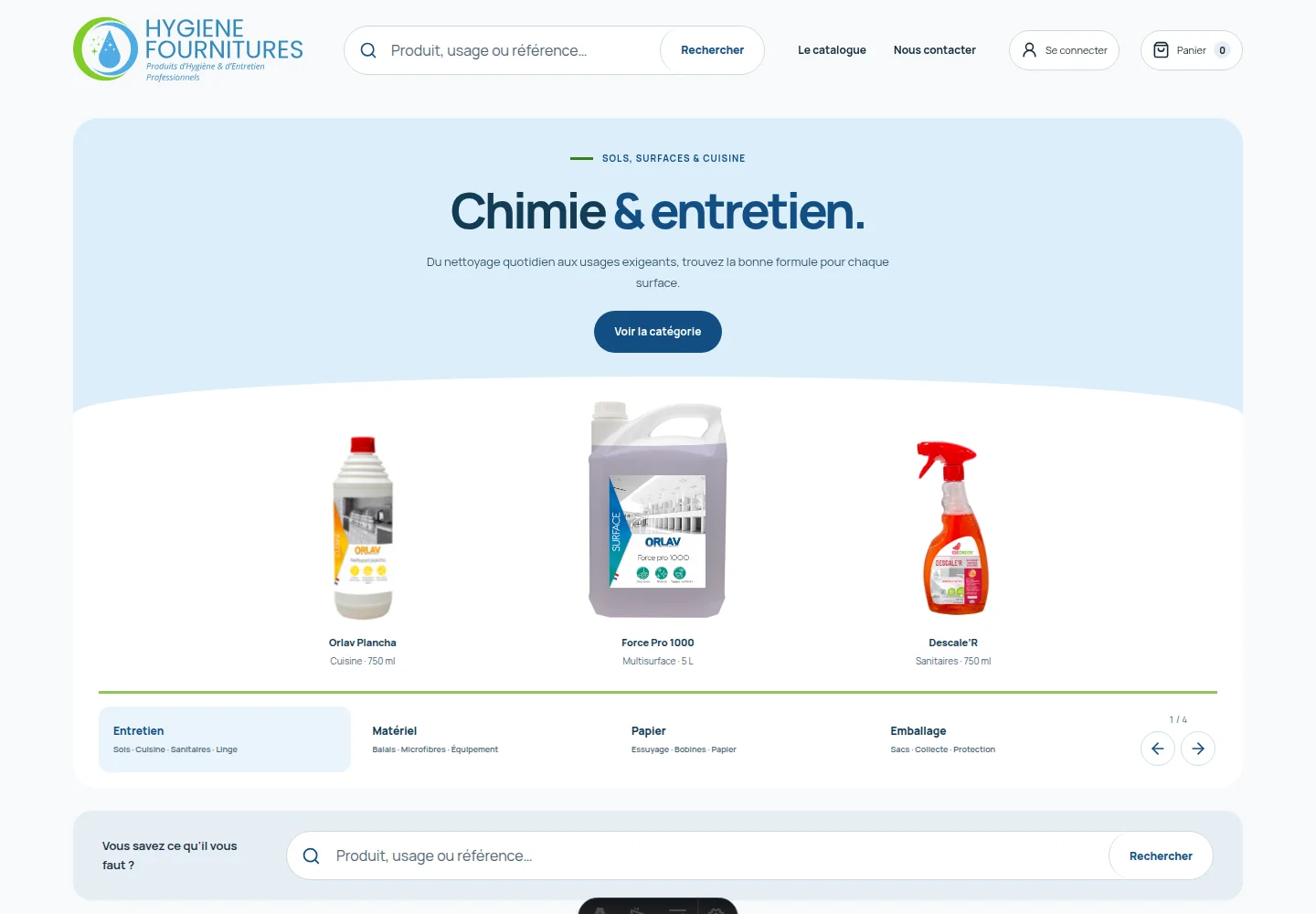 Accueil du catalogue Hygiène Fournitures montrant la recherche, des produits et les familles professionnelles